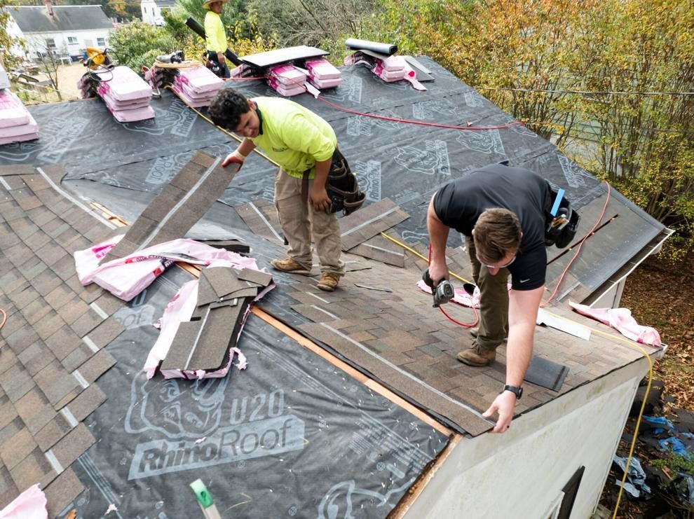 A during-installation drone image of the RETEX Roof for a Veteran roof replacement in Chester VA 23831 in November 2023.