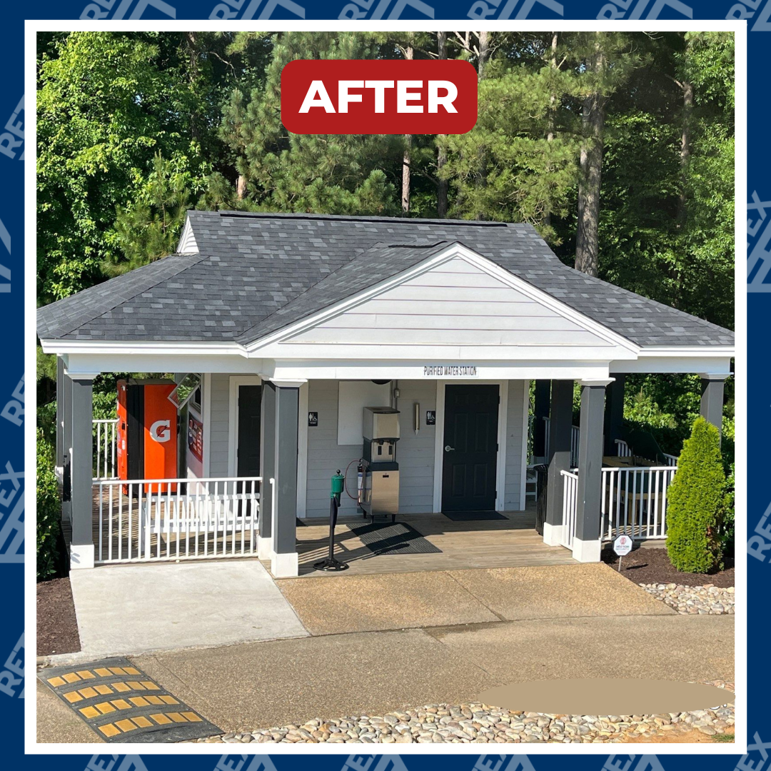 A graphic showing an after-installation photo of a RETEX roof replacement for Independence Golf Club in Midlothian VA 23112.