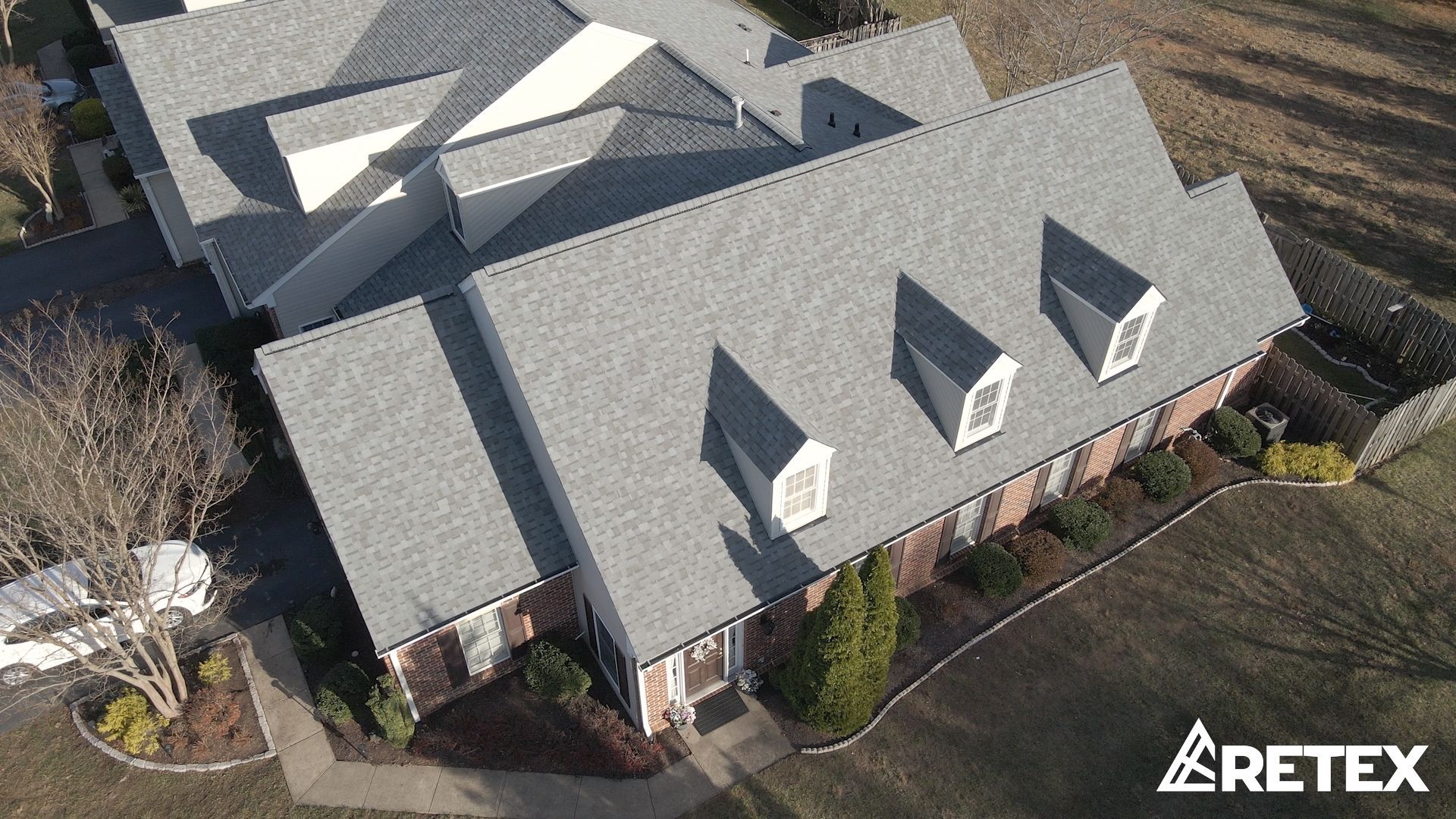 Aerial drone image of RETEX roof replacement in Bon Air VA 23235.
