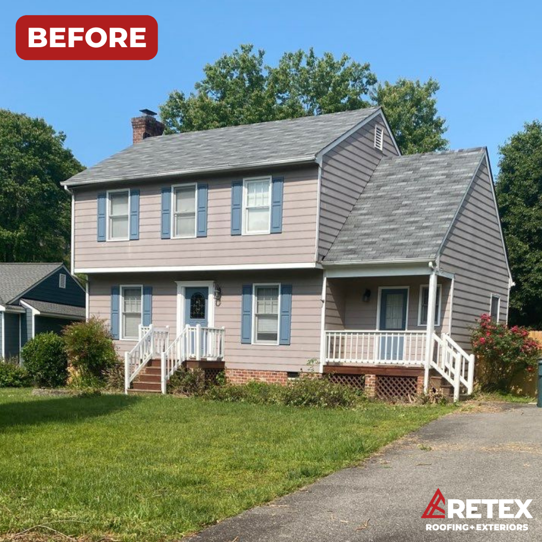A before-installation photo of a RETEX vinyl siding replacement in Richmond VA 23228. Certainteed Mainstreet 