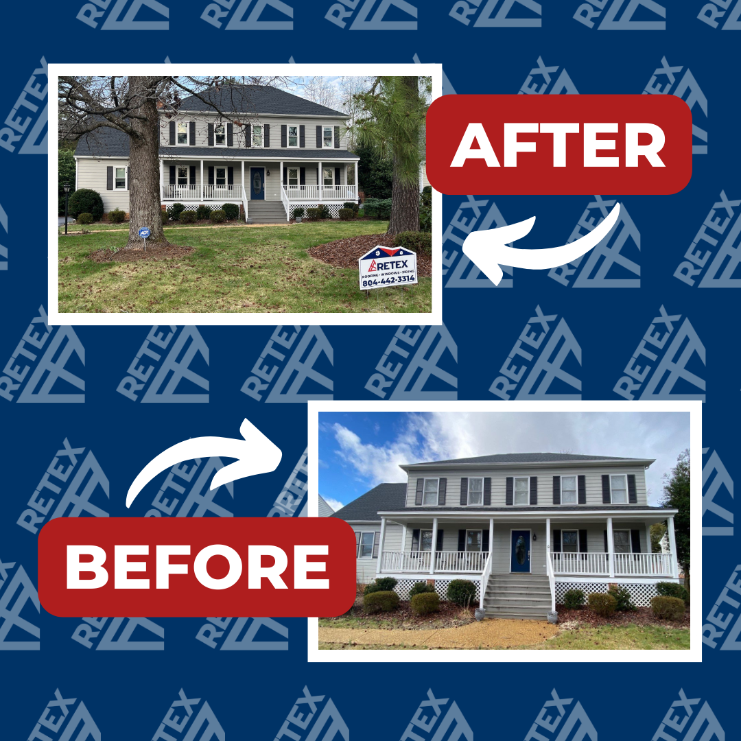 A graphic showing before-and-after photos of a RETEX window replacement in Midlothian VA.