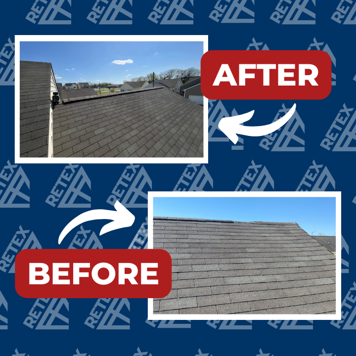 A graphic showing before-and-after photos of a RETEX ridge cap roof repair in Richmond VA.