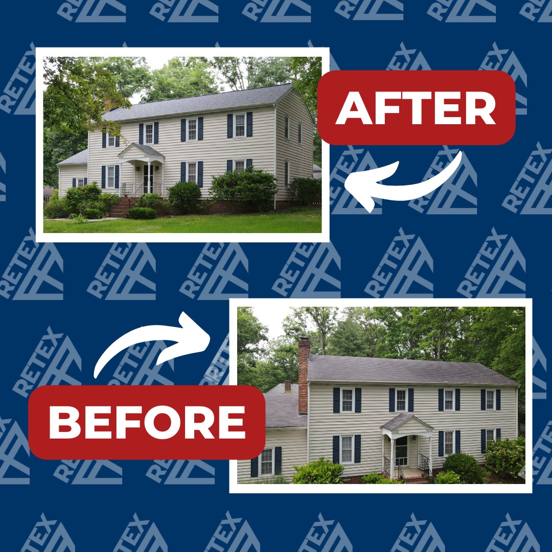 A graphic showing before-and-after photos of a RETEX roof replacement in North Chestefield, VA.