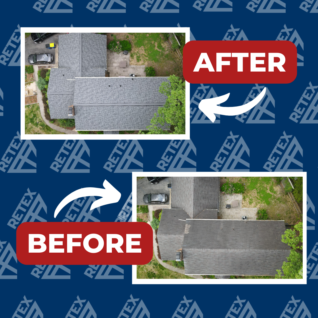 A graphic showing before-and-after photos of a RETEX roof replacement in North Chestefield, VA.