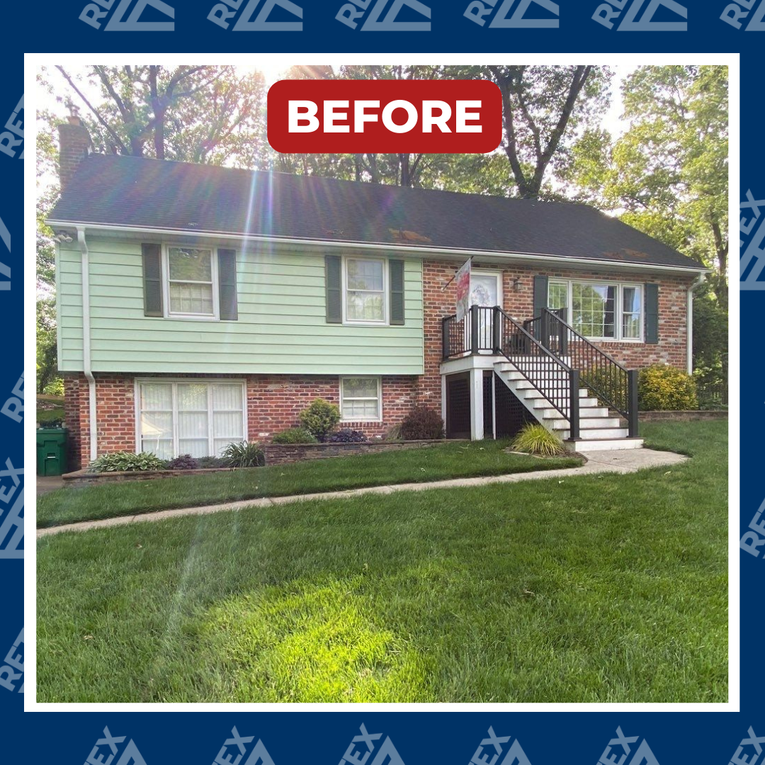 A graphic showcasing the before photo of a RETEX siding replacement project for a North Chesterfield VA home.
