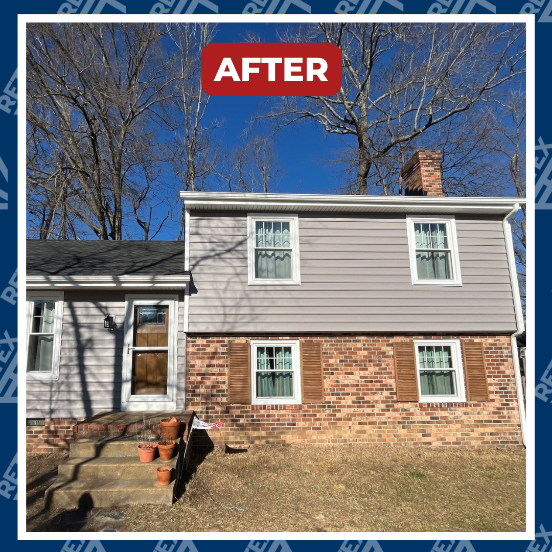 A graphic showing after image of RETEX roof, siding, window and gutter replacement in North Chesterfield VA 23236.