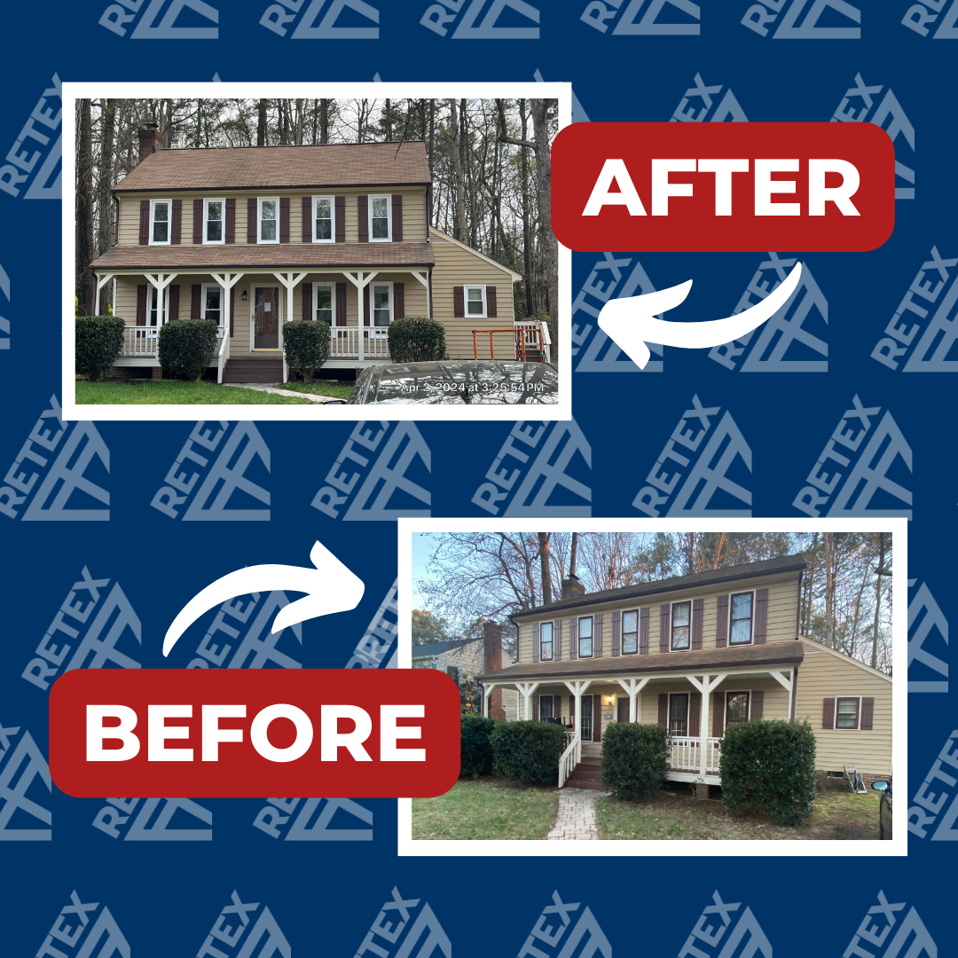A graphic showing before-and-after photos of a RETEX window replacement in North Chesterfield VA 23235.