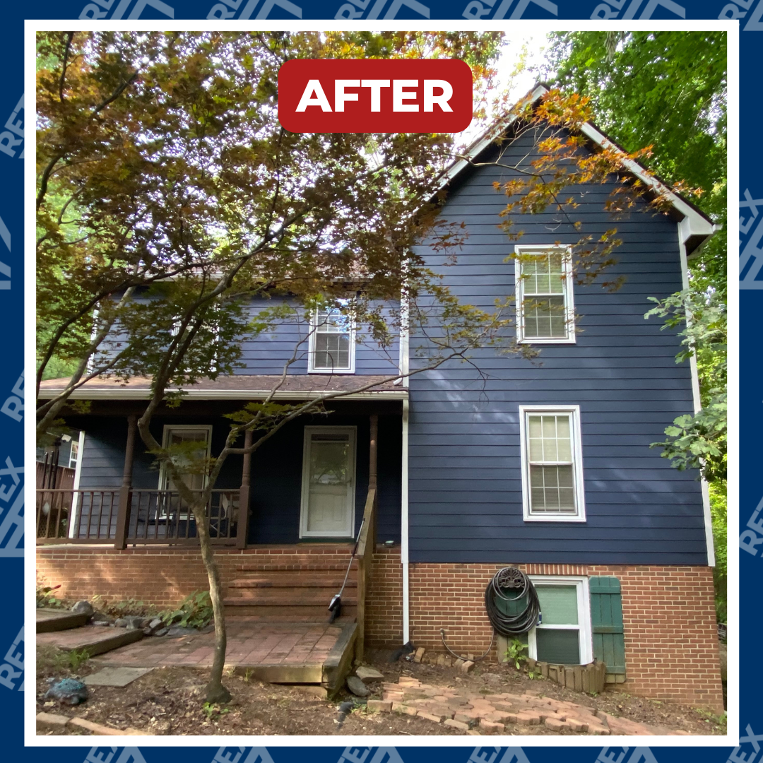 A graphic showing an after photo of a RETEX HardiePlank fiber cement siding replacement in Fredericksburg VA.