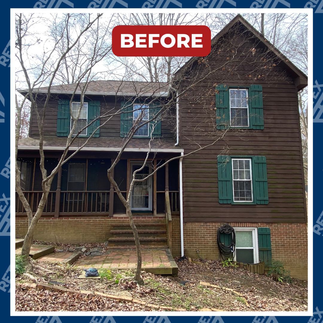 A graphic showing a before photo of a RETEX HardiePlank fiber cement siding replacement in Fredericksburg VA 22407.