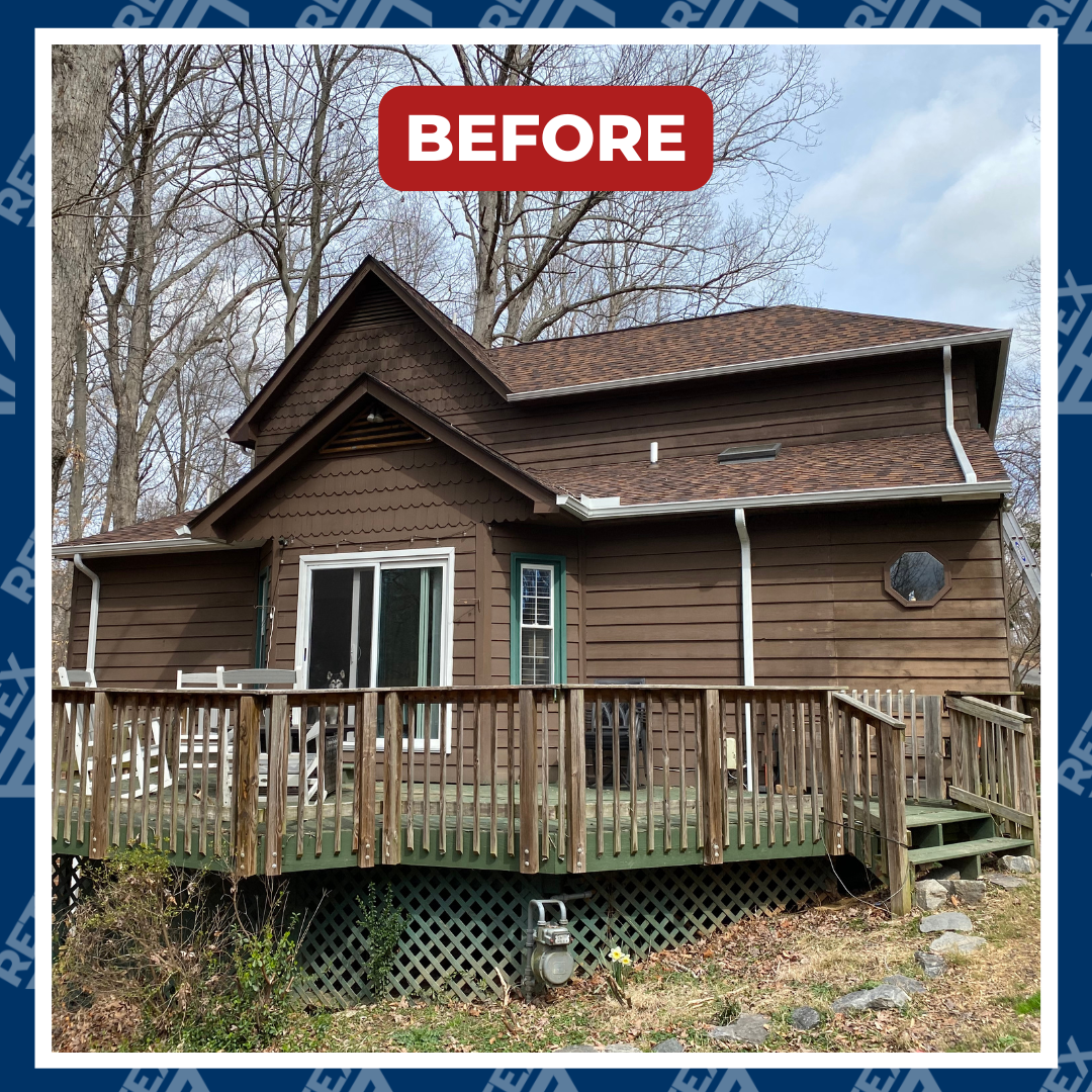 A graphic showing a before photo of a RETEX HardiePlank fiber cement siding replacement in Fredericksburg VA 22407.