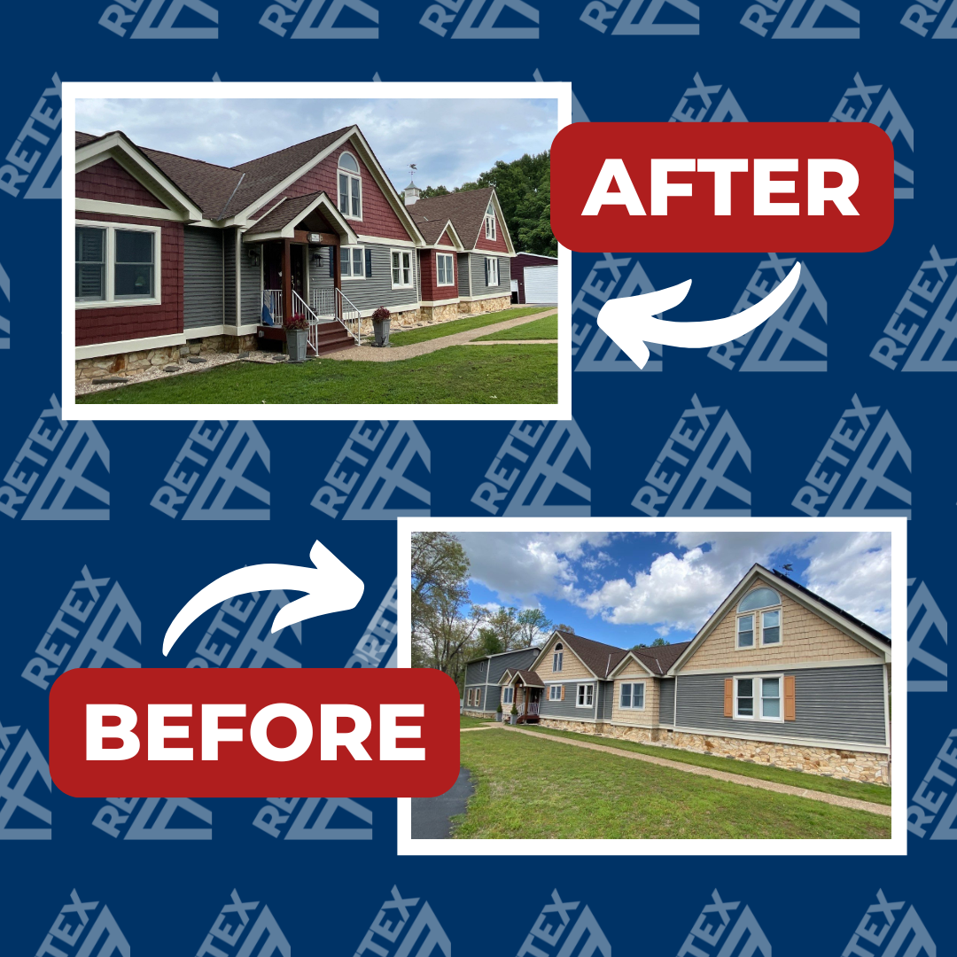 A graphic showing before-and-after photos of a RETEX siding replacement in Chester VA 23831.