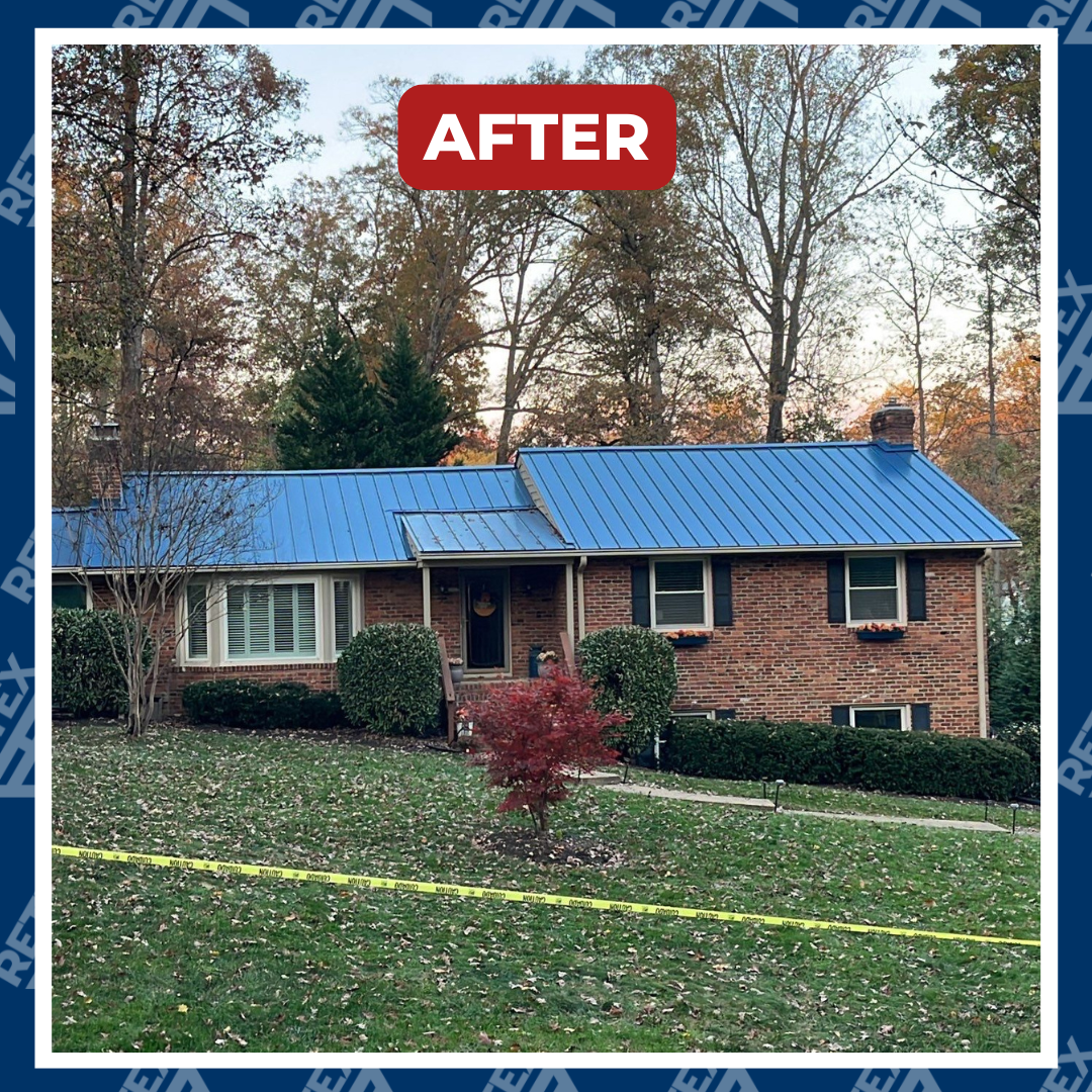 Graphic featuring after image of RETEX shingle to metal roof replacement in North Chesterfield VA 23235.