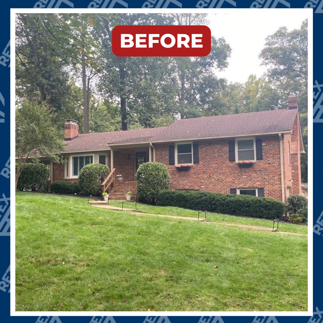 Graphic featuring before image of RETEX shingle to metal roof replacement in North Chesterfield VA 23235.
