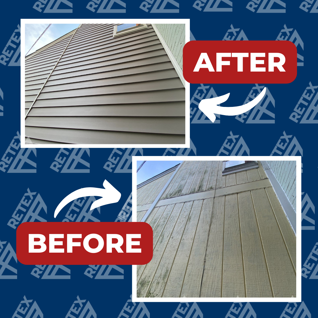 A graphic showing before-and-after photos of a RETEX roof, siding, and window replacement in Richmond VA.