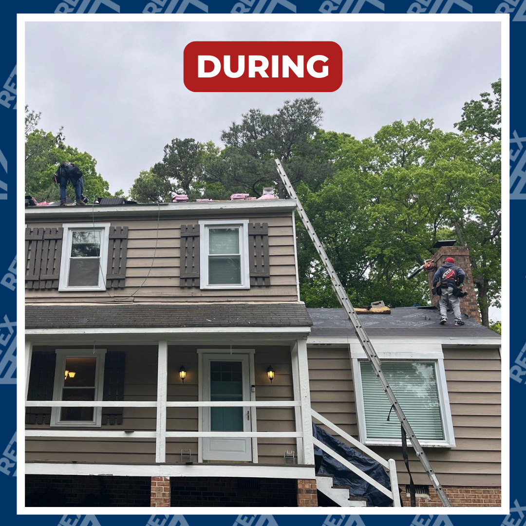 A graphic showing a during-installation photo of a RETEX roof, siding, and gutter replacement in North Chesterfield VA 23235.