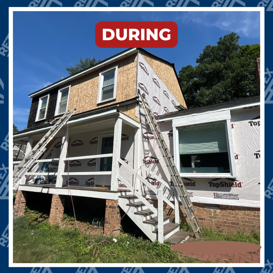 A graphic showing a during-installation photo of a RETEX roof, siding, and gutter replacement in North Chesterfield VA 23235.