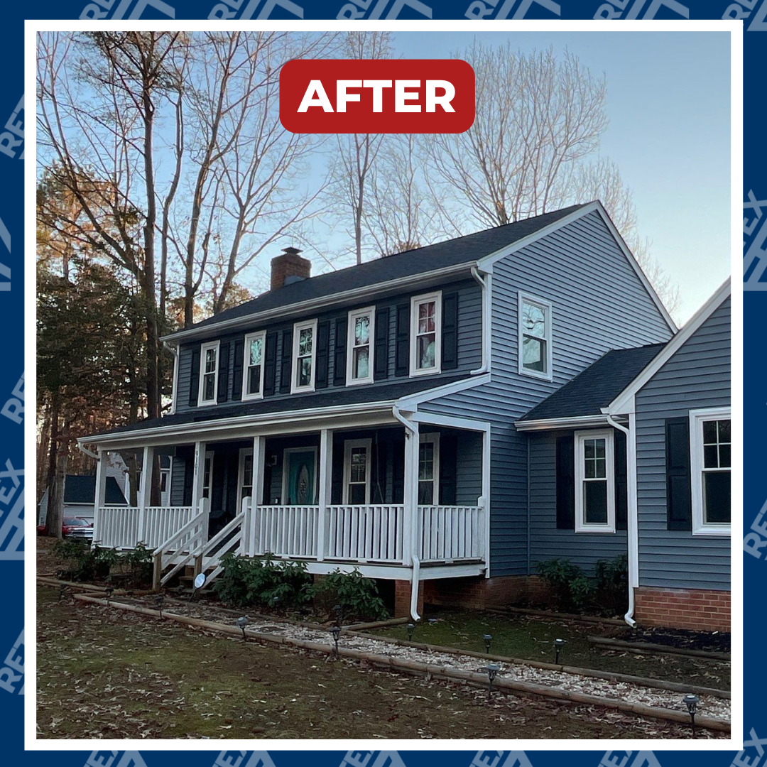 A graphic showing after image of RETEX roof, siding, window and gutter replacement in North Chesterfield VA 23236.