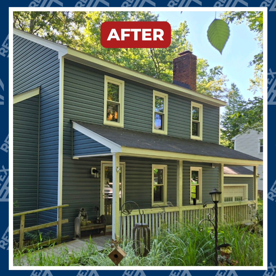 A graphic showcasing the after photo of a RETEX vinyl siding replacement in North Chesterfield VA.