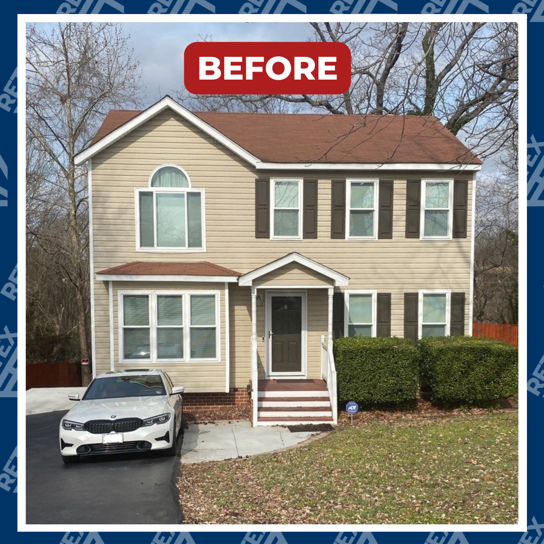 A graphic showing the before photo of a RETEX roof replacement in North Chesterfield, VA 23234.