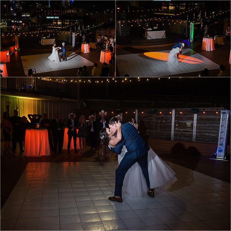 A bride and groom are kissing on a dance floor at their wedding reception.
