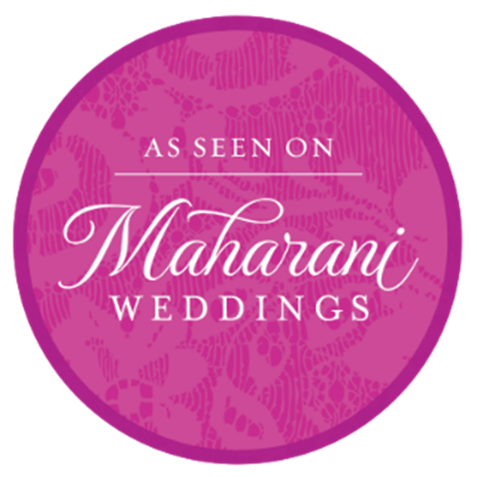 A purple circle that says as seen on maharani weddings