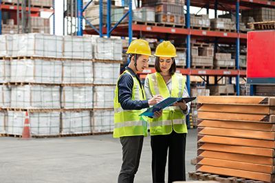 Two people in hard hats and safety vests review documents in a warehouse.