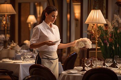 Woman arranging flowers on a table in a well-lit restaurant. She wears a white shirt and apron.