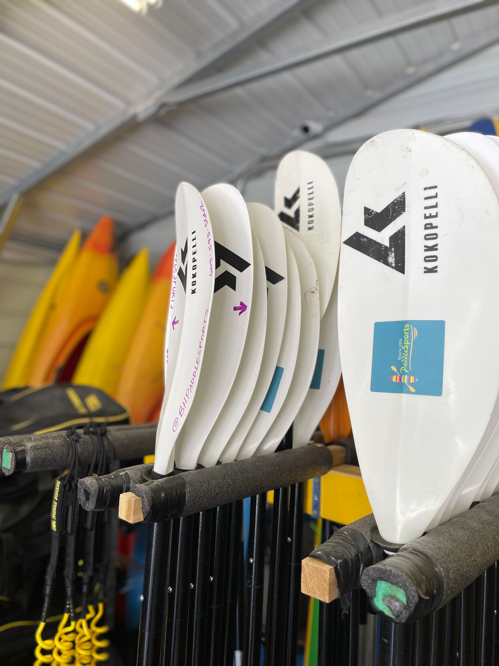 A bunch of kayak paddles are hanging on a rack