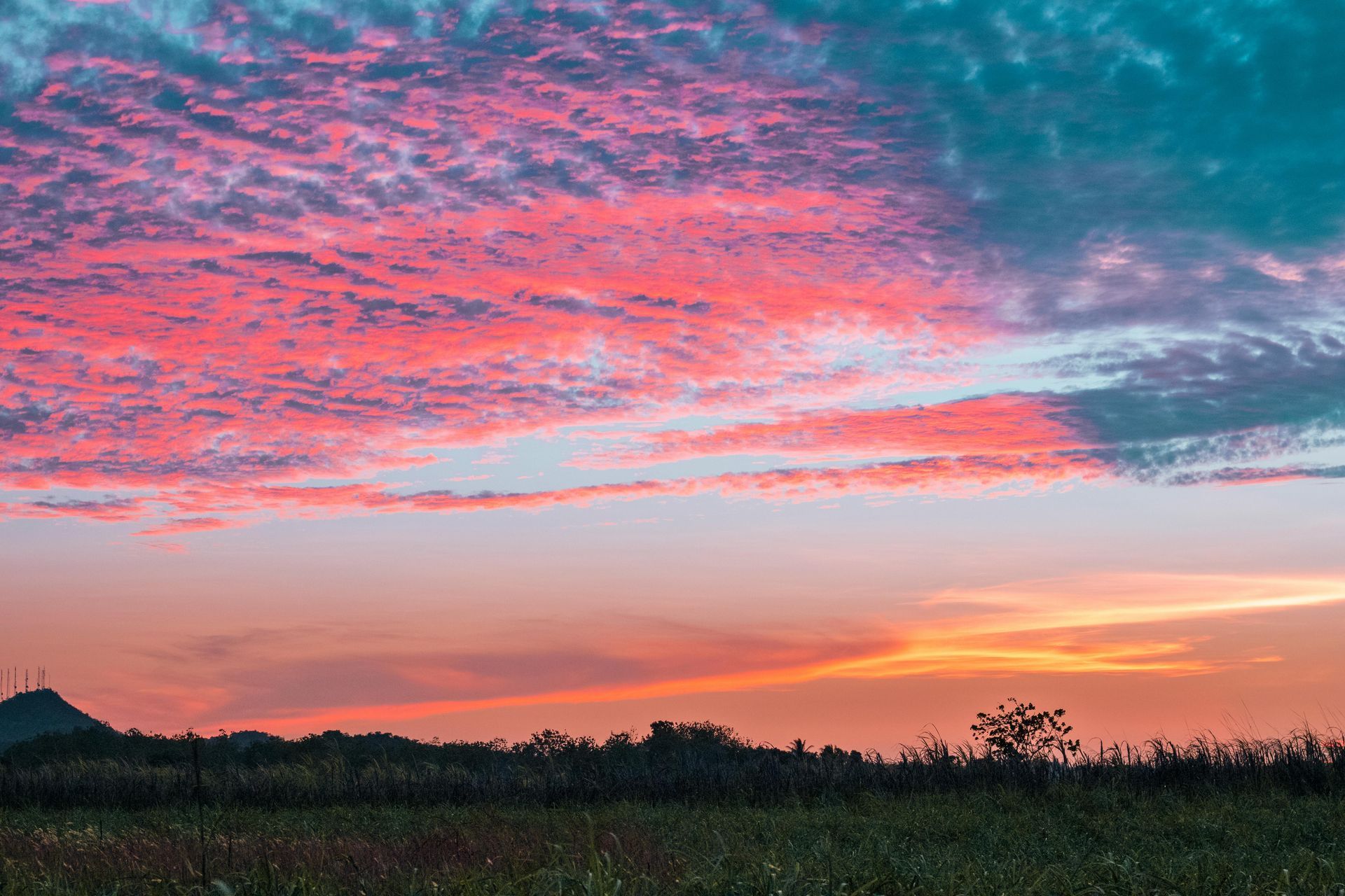 A colorful sunset over a field with trees in the foreground.