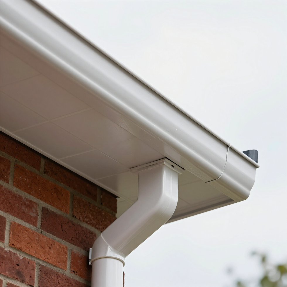 White PVC guttering and a downpipe attached to the roofline and brick exterior of a house.