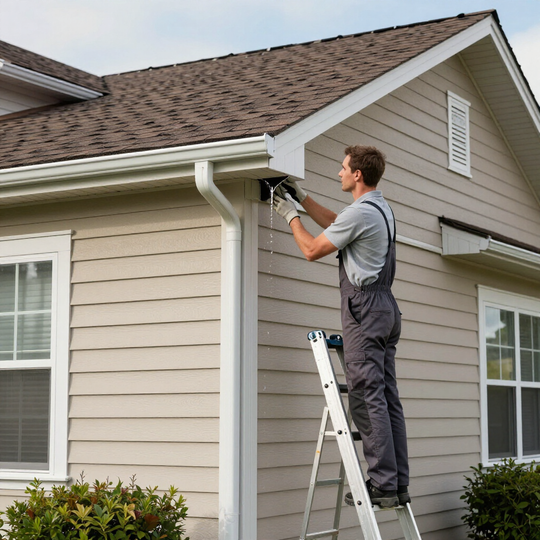 A worker wearing grey overalls and gloves stands on a ladder, repairing the white gutter of a beige house.