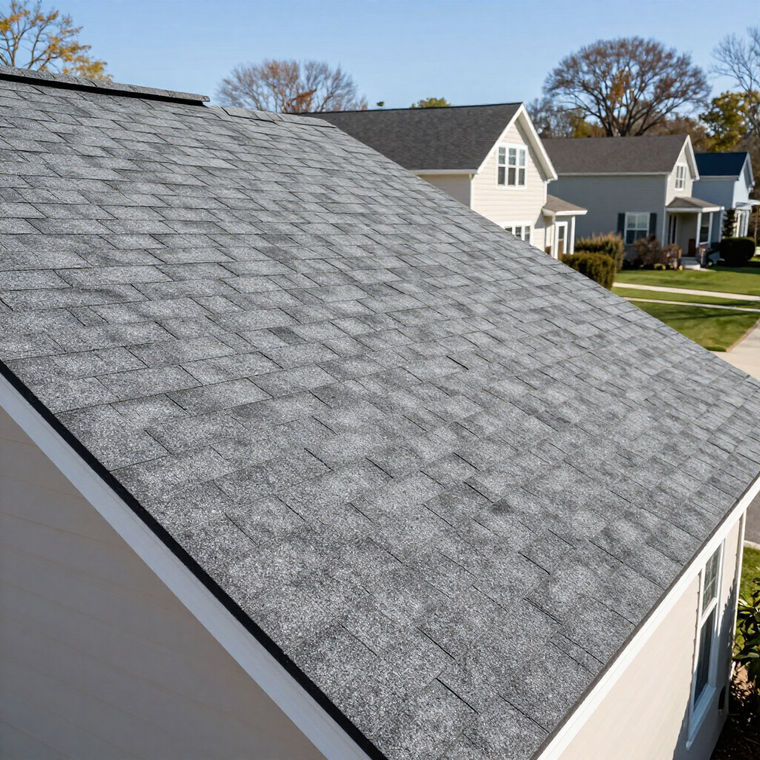 An angled, high-angle shot showing a grey shingled roof on a house with other homes in a suburban neighborhood.