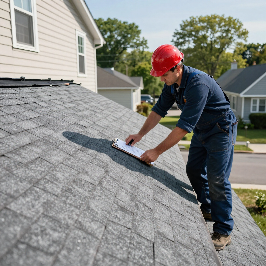 A worker in a hard hat and blue coveralls inspects a shingled residential roof while writing on a clipboard.
