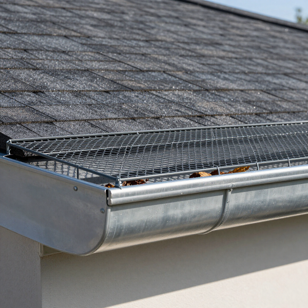 A metal gutter guard screen installed on a home's roof edge, protecting a metallic gutter from debris.