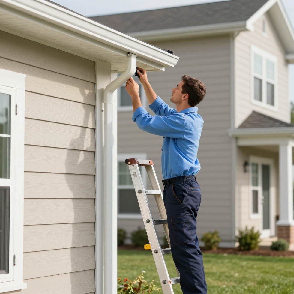A person in a blue shirt stands on a ladder, repairing the white gutter on a house with beige siding.