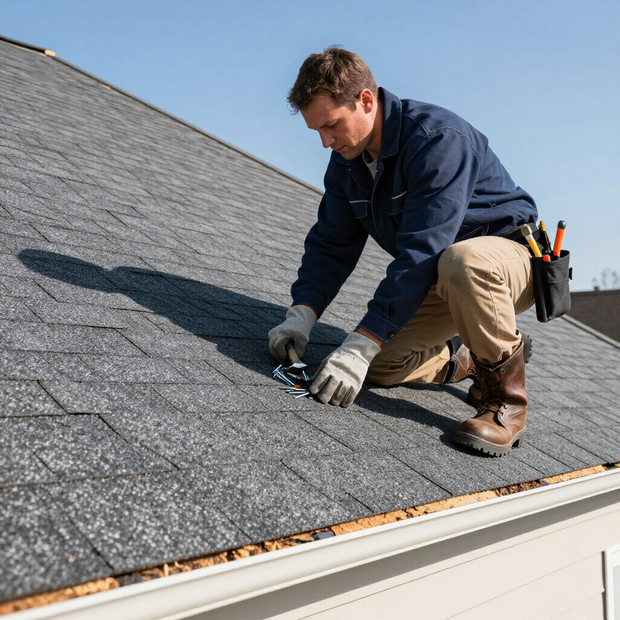 A roofer wearing work gloves and tan pants kneels on a grey shingled roof while using a tool.