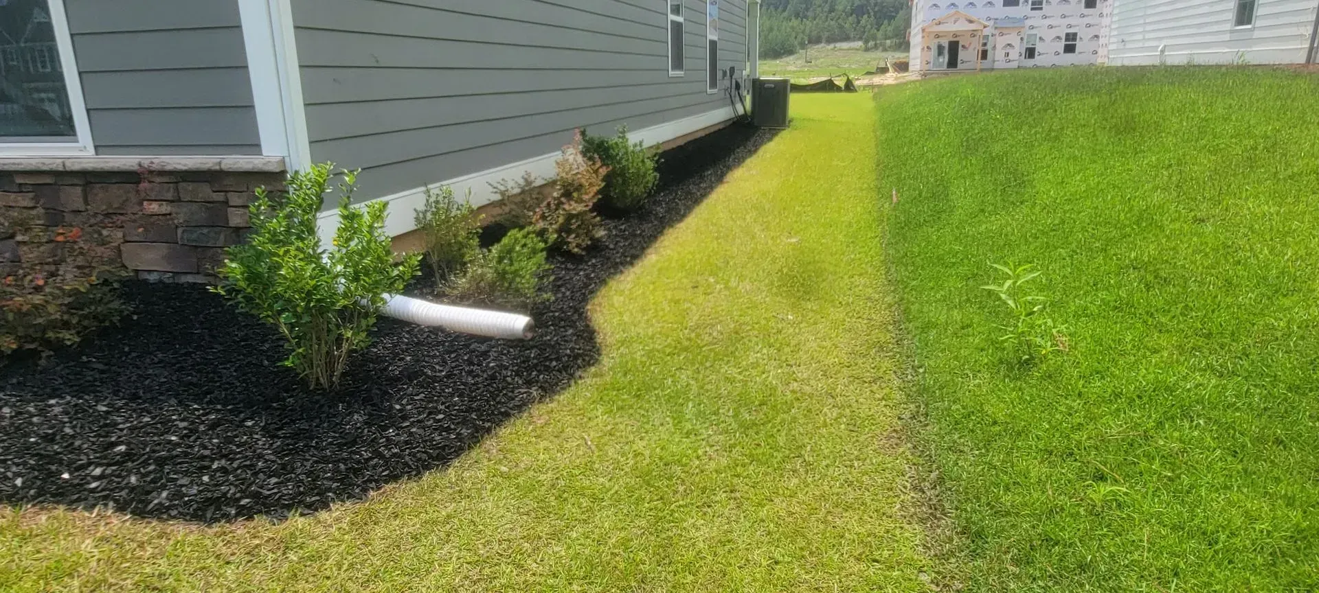A house exterior with black mulch bed, grass, and a white drainpipe.