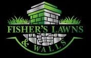 Logo for Fisher's Lawns & Walls. Green and gray brick structure with green grass on top. "Fisher's Lawns & Walls" text.
