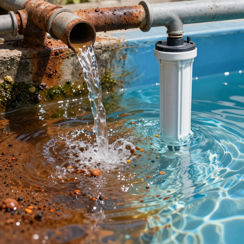 Rusty pipes pouring water into a blue pool beside a white pool filter.