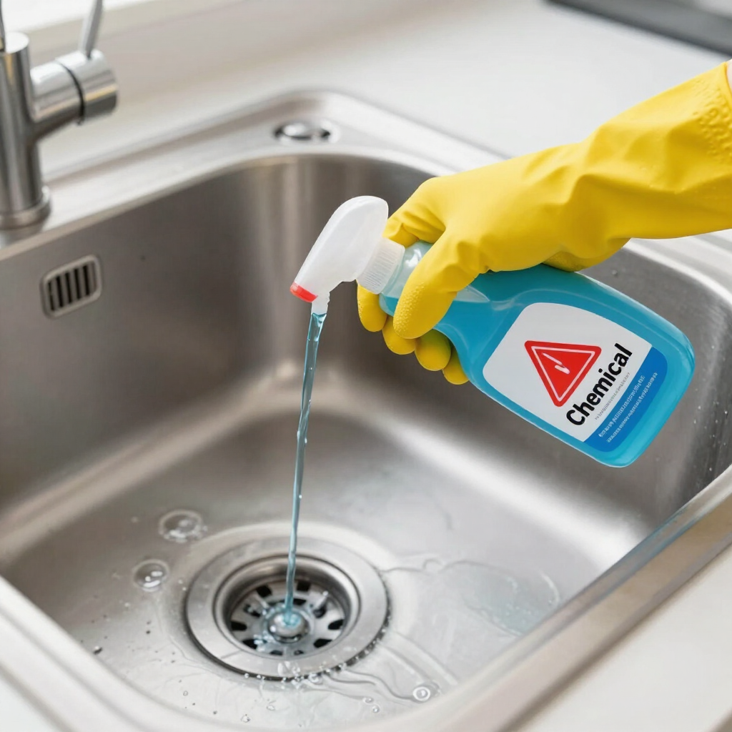 Gloved hand pouring blue cleaner into a stainless steel sink drain