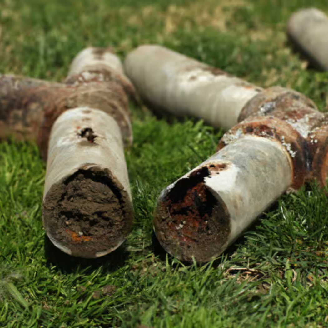 Rusty, corroded metal pipes on green grass. The ends are heavily deteriorated, revealing interior.