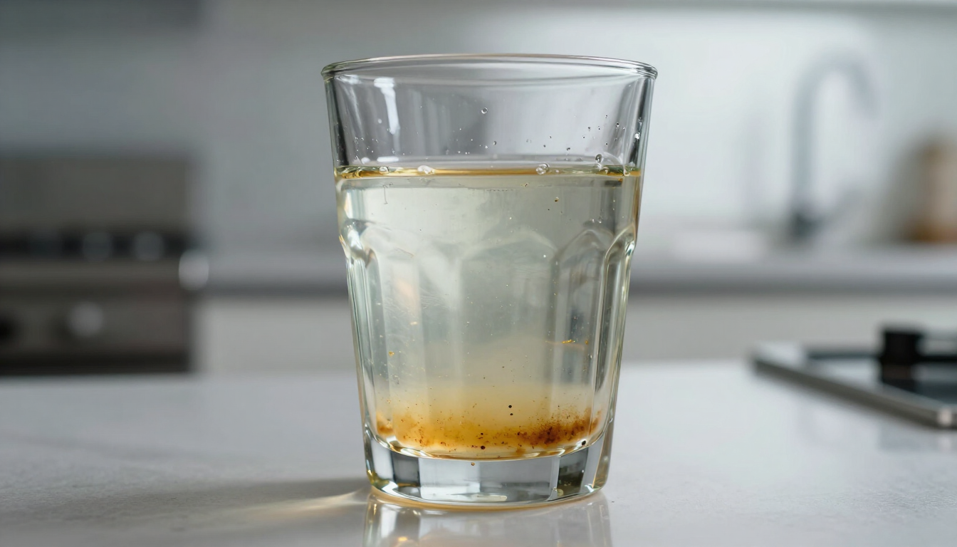A glass with cloudy liquid and sediment on a kitchen counter, with a blue appliance blurred in the background.