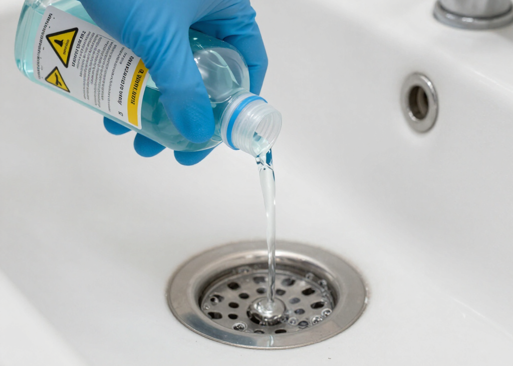 Blue-gloved hand pouring cleaning liquid into a bathroom sink drain