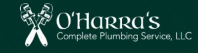 Logo for O'Harra's Complete Plumbing Service, LLC with crossed pipe wrenches, and white text on a green background.