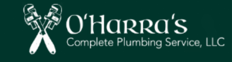 Logo for O'Harra's Complete Plumbing Service, LLC with crossed pipe wrenches, and white text on a green background.