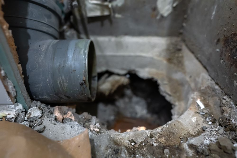 Hole in floor near plumbing pipe; concrete damage.