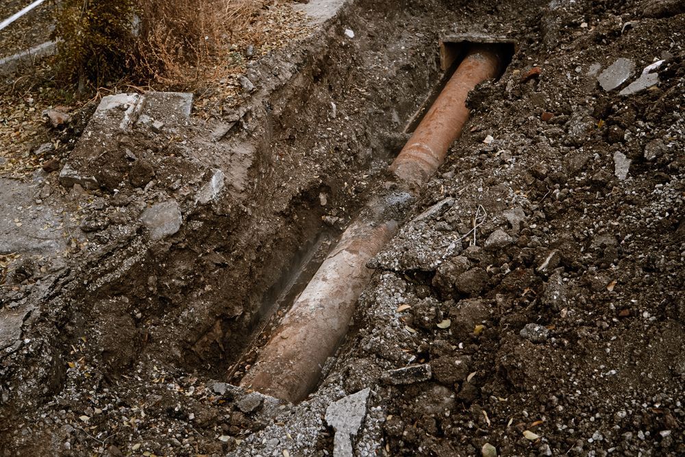 Trench dug in dirt revealing a rusty pipe, near asphalt with debris.