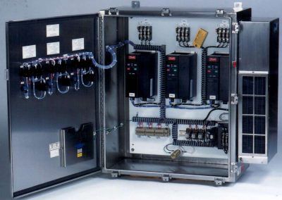 A stainless steel electrical box with the door open