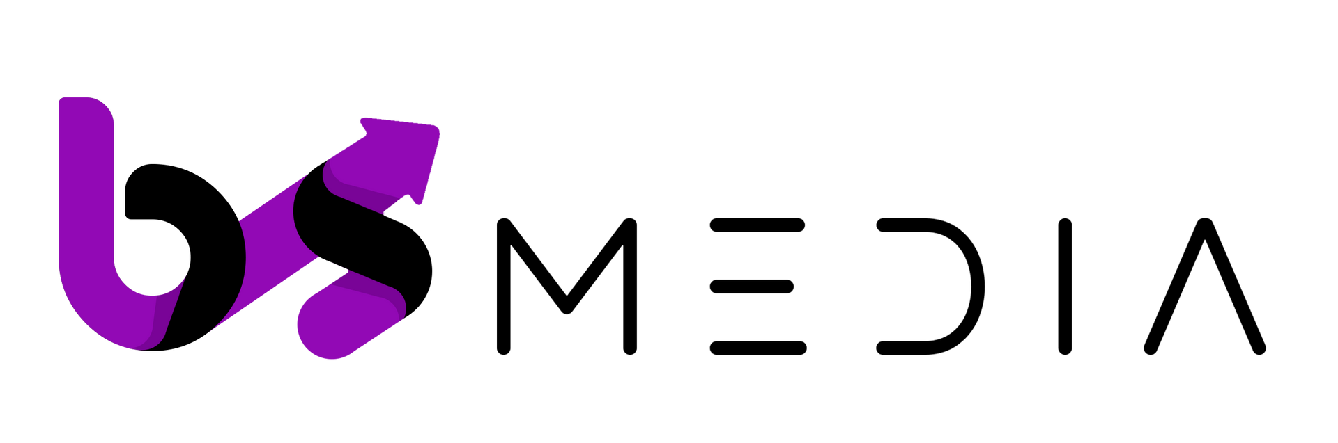 A purple and black logo for bs media on a white background.