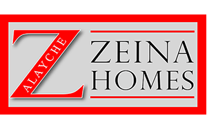A red and white logo for zeina homes